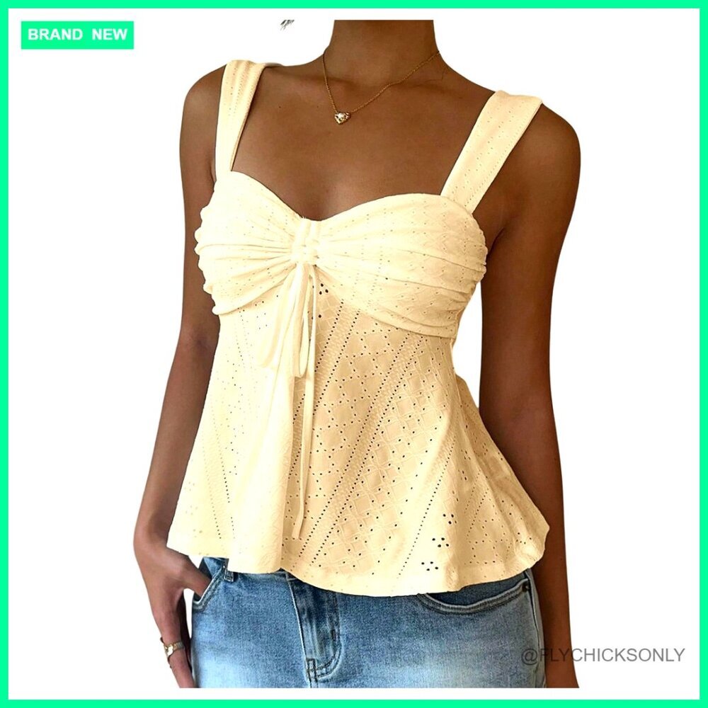 Eyelet Tie Front Ruched Tank Top Y2K Drawstring Sexy Going Out Top
